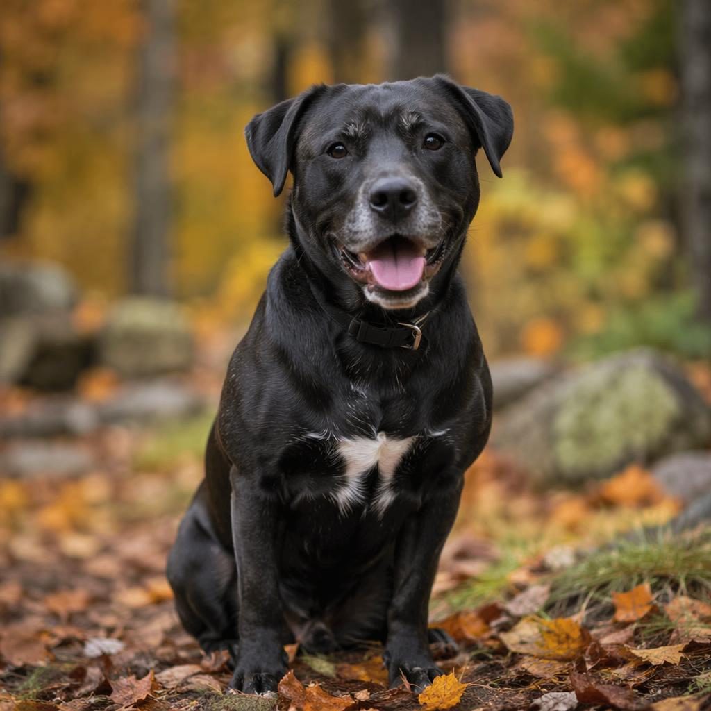 Studio-style portrait of a single senior mixed-breed dog in an autumn forest with soft light and realistic fur detail.