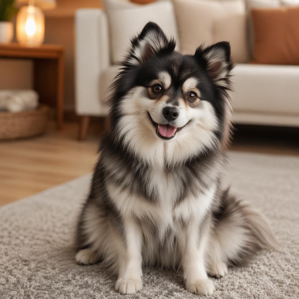 Ein einzelner Pomeranian-Husky-Mix als Editorial-Porträt in einem gemütlichen Wohnzimmer, entspannt und gepflegt.