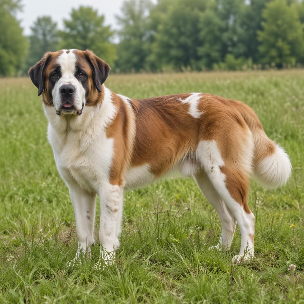 Ein einzelner senioriger Mischlingshund auf einer Graswiese, freundlich, gepflegt, mit weichem Naturlicht und detailreichem Fell.