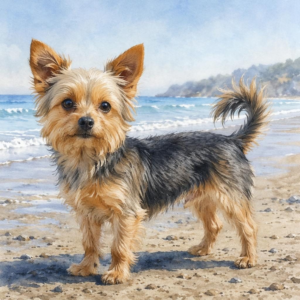 Perro mestizo tipo cruce chiguagua con yorkshire, adulto, en la playa, estilo acuarela y expresión relajada