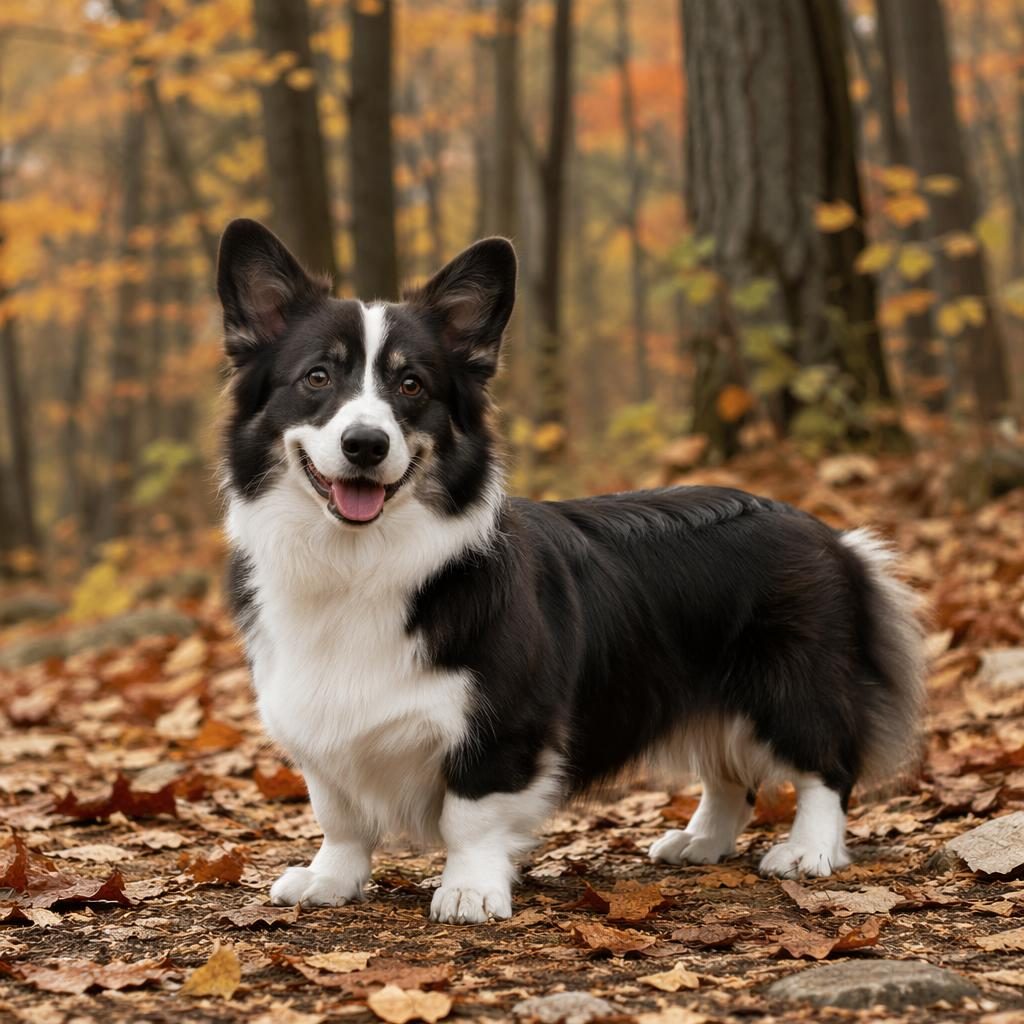 Illustration of a single border corgi mix dog standing in an autumn forest with soft light and realistic fur