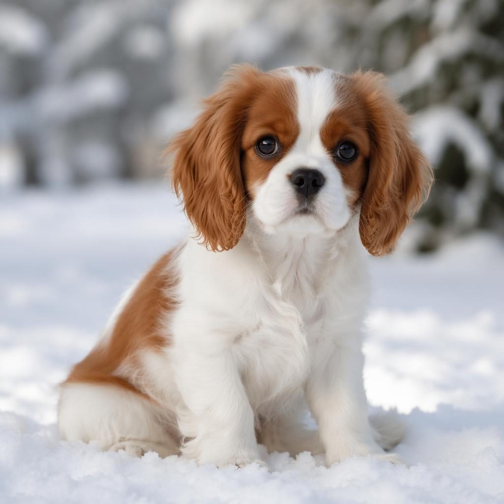 Illustration of a single fluffy puppy in snow with realistic fur, relaxed face, soft light, and sharp focus