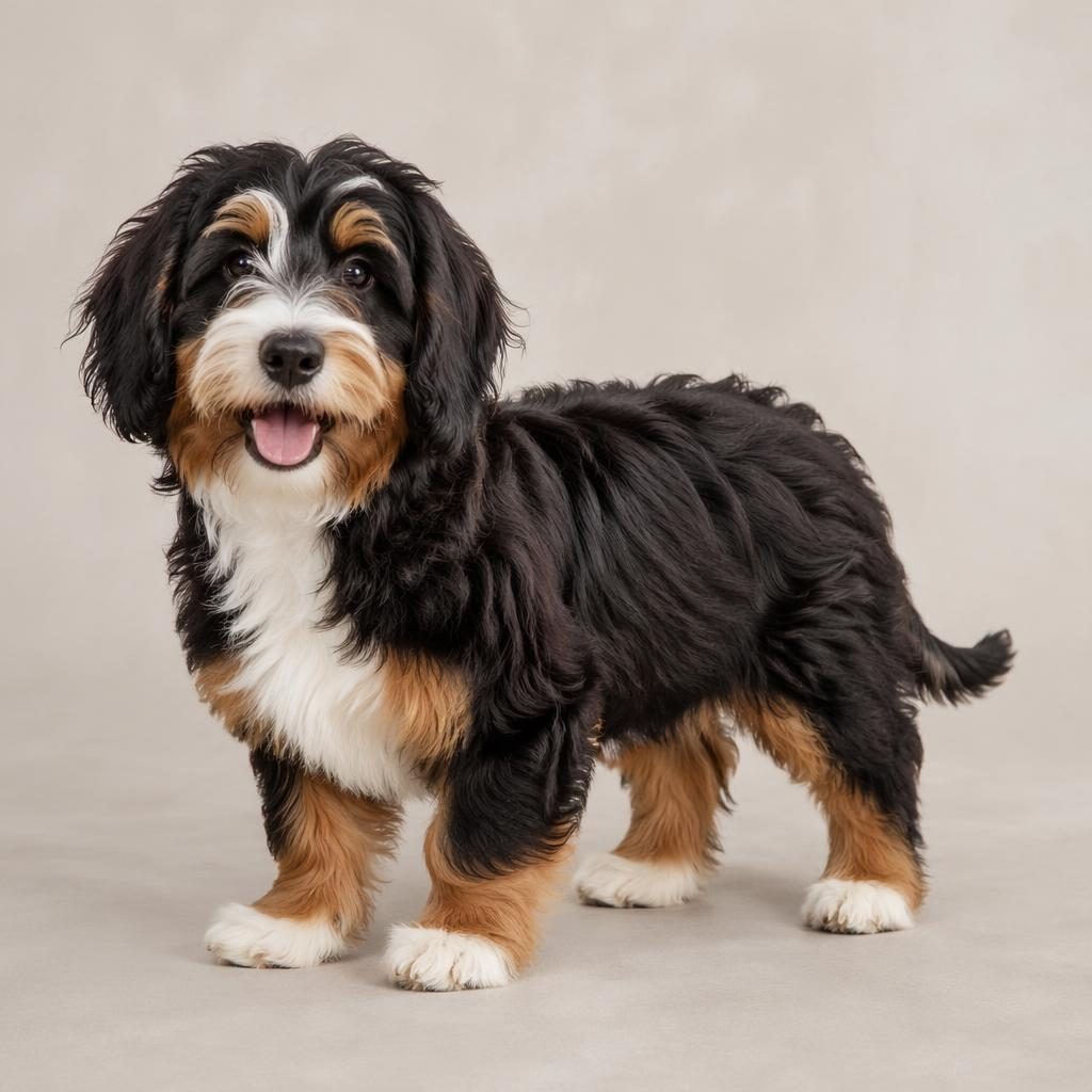 Editorial portrait of a relaxed puppy on a soft neutral background, with realistic fur, natural light, and sharp focus.