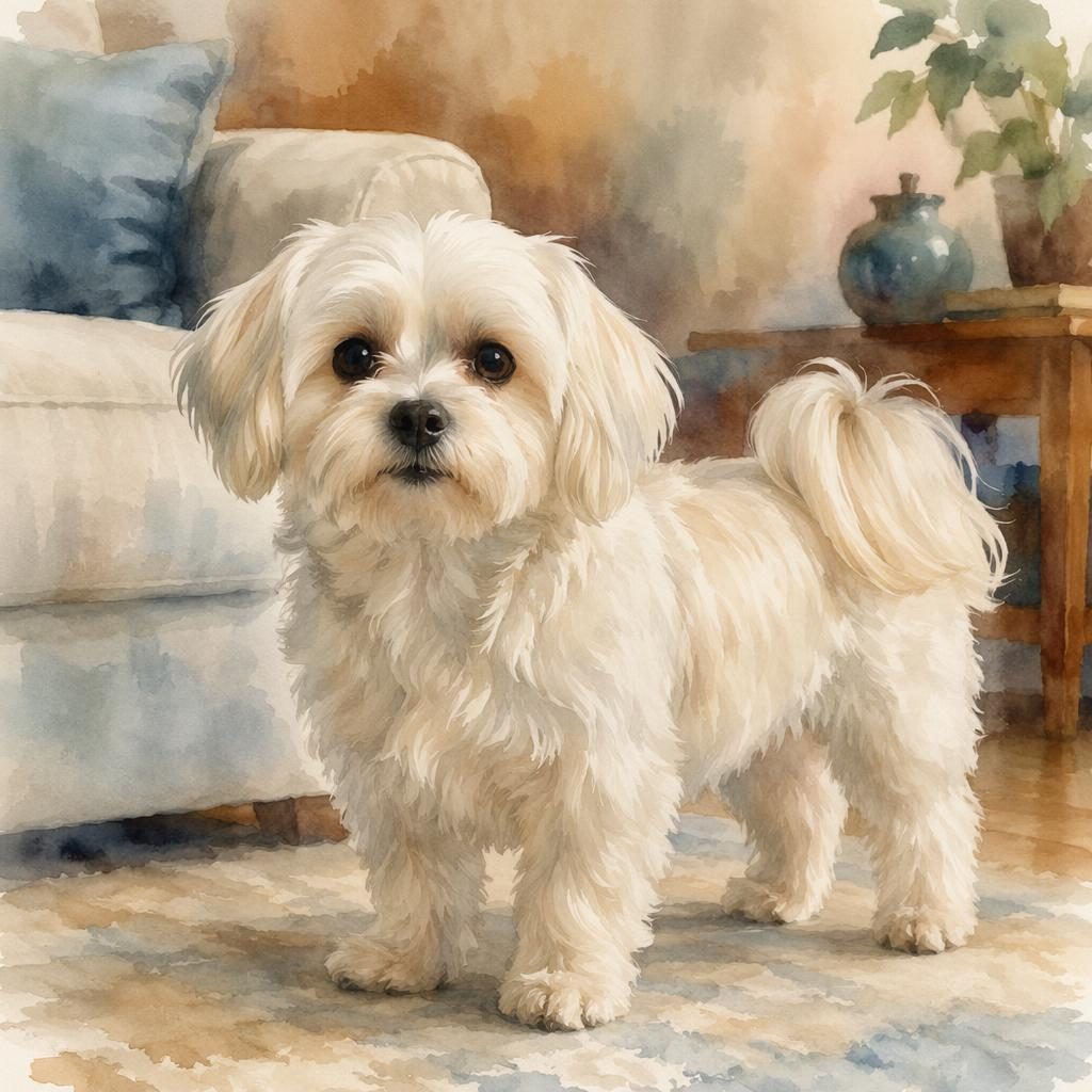 Aquarell eines einzelnen senior Hundes als Maltese-Dobermann Mix in einem gemütlichen Wohnzimmer, freundlich und entspannt