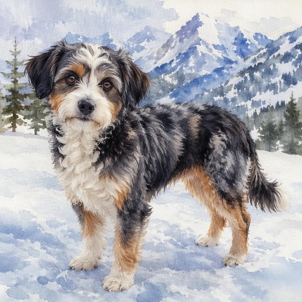 Watercolor-style adult hybrid dog in a snowy landscape with relaxed expression, unusual coat, sharp fur detail.