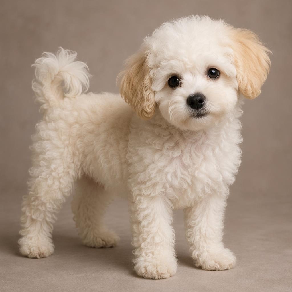Studio portrait of a single fluffy puppy with bichon frise poodle mix styling on a soft neutral background
