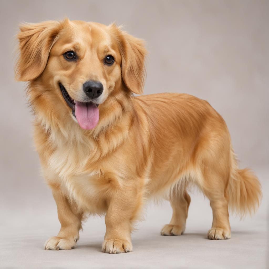 Editorial portrait of a single adult hybrid dog with spaniel traits, rare unusual coat, soft neutral background
