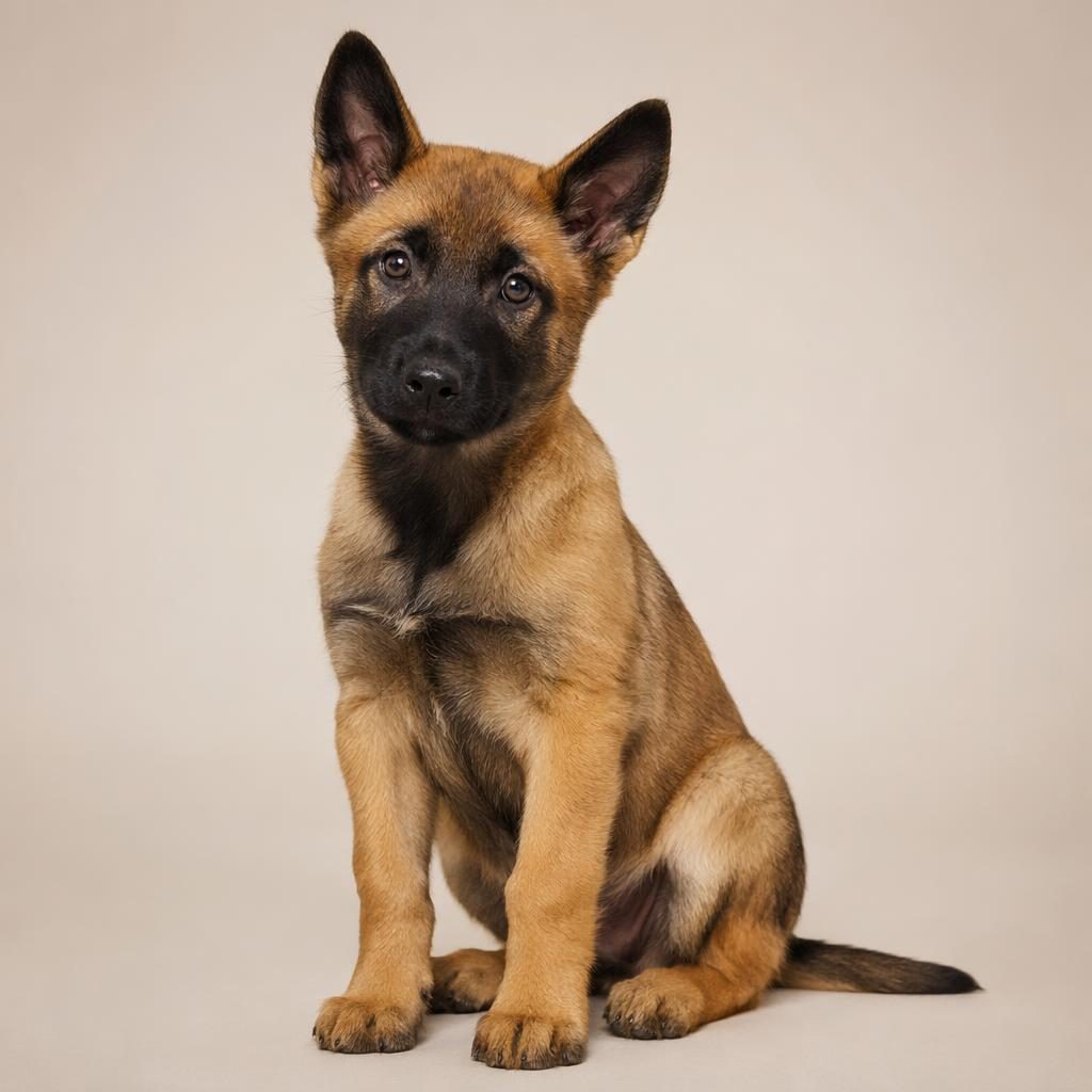 Realistický portrét štěněte křížence malinois a akita na jemném neutrálním pozadí, v měkkém přirozeném světle.