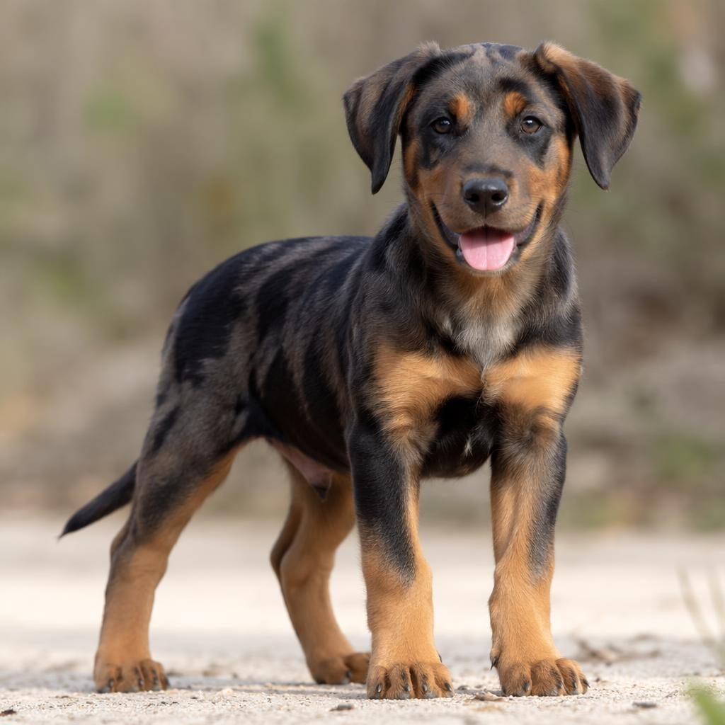 Single relaxed mixed-breed puppy outdoors on a soft neutral background, with realistic fur, natural light, and sharp focus.