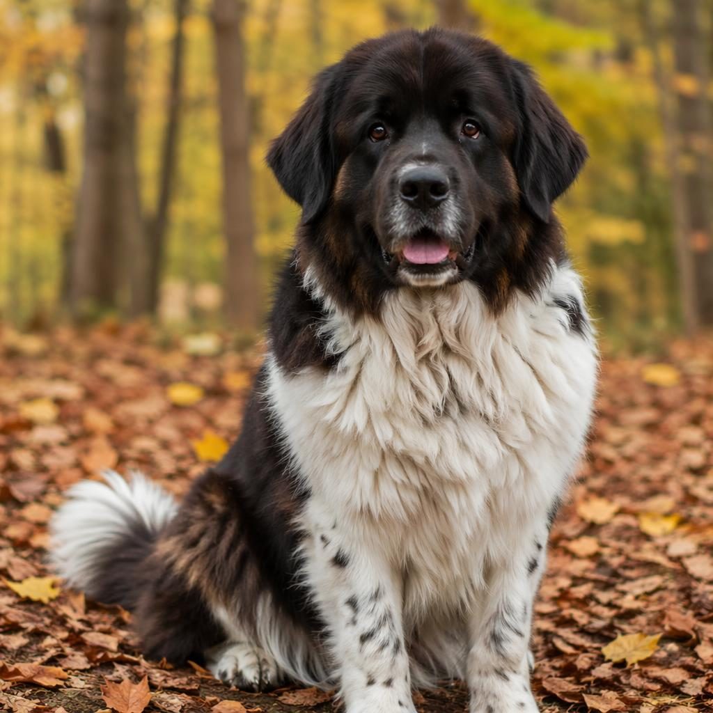 Editorial portrait of a senior mixed-breed dog in an autumn forest with soft light, relaxed expression, and realistic fur.