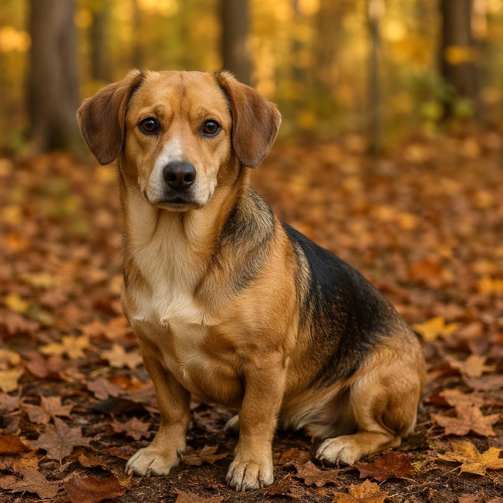 Single realistic mixed-breed dog portrait in an autumn forest, relaxed expression, soft light, sharp fur detail.