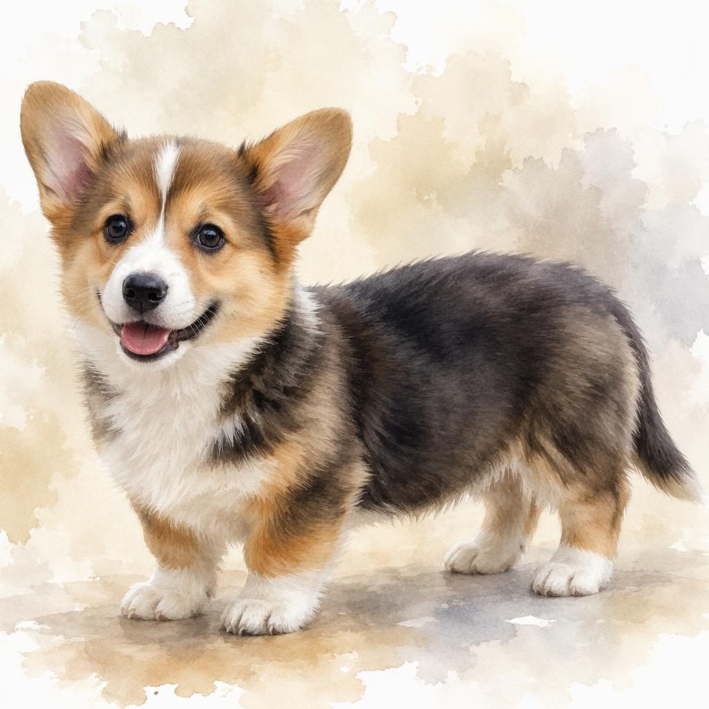 Watercolor-style corgi cross puppy with realistic fur, relaxed expression, and soft neutral background.