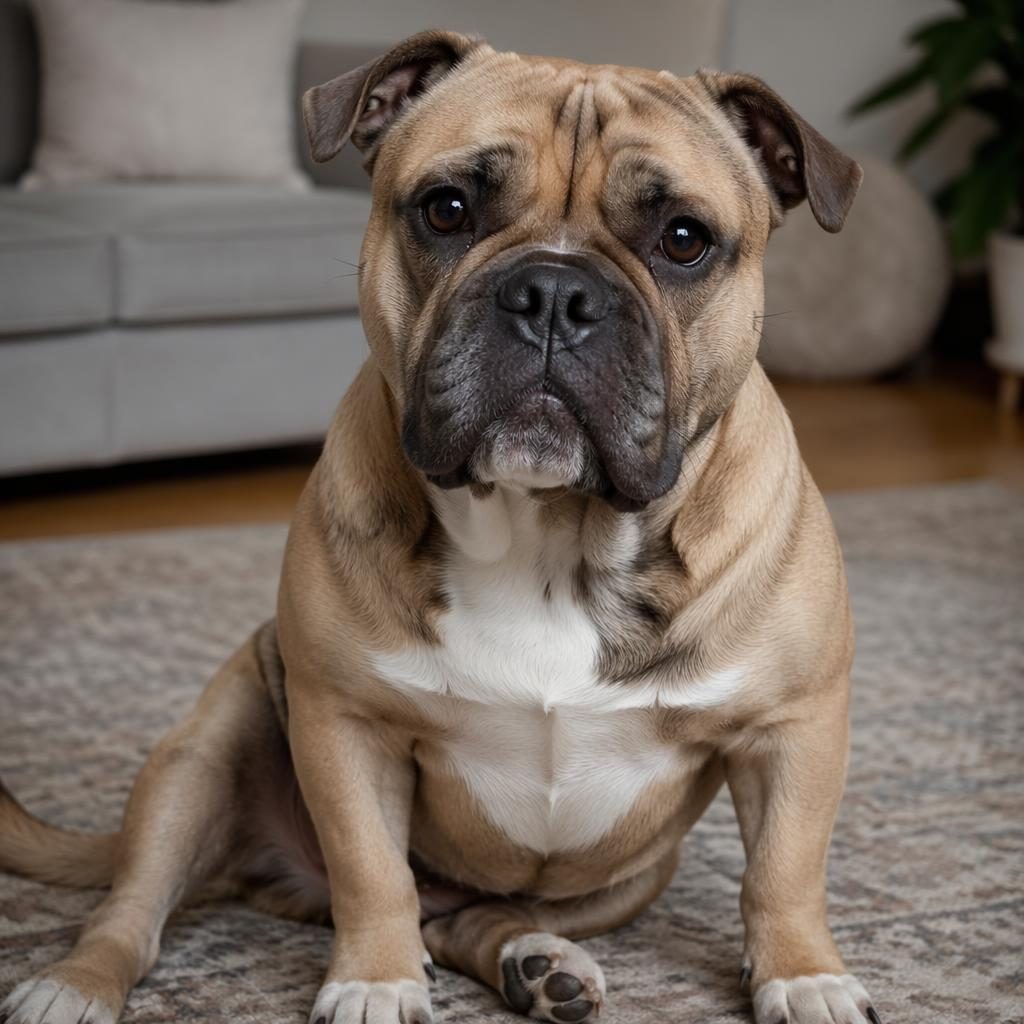 Senior mixed-breed dog in a cozy living room studio, relaxed and well-groomed with soft natural light and sharp fur detail.