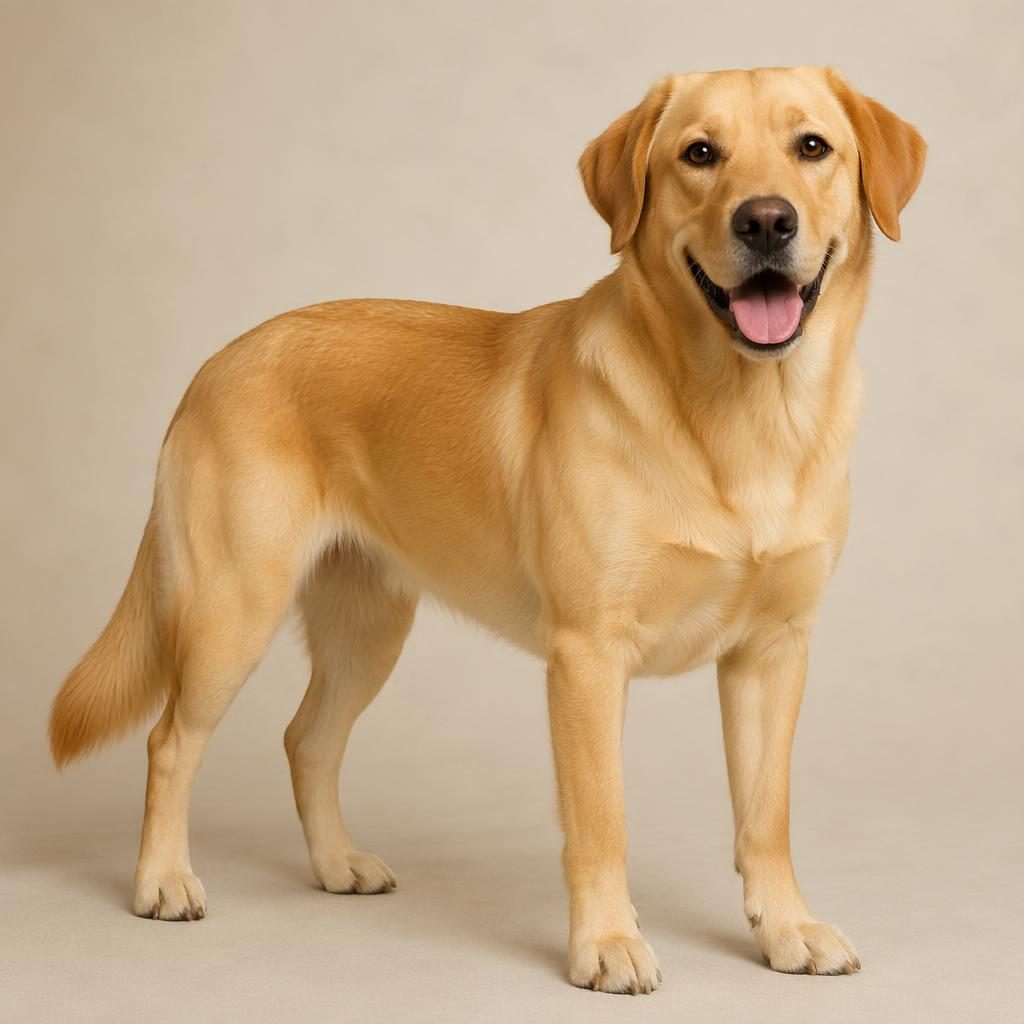 Studio portrait of an ai dog with golden retriever and labrador mix traits on a soft neutral background