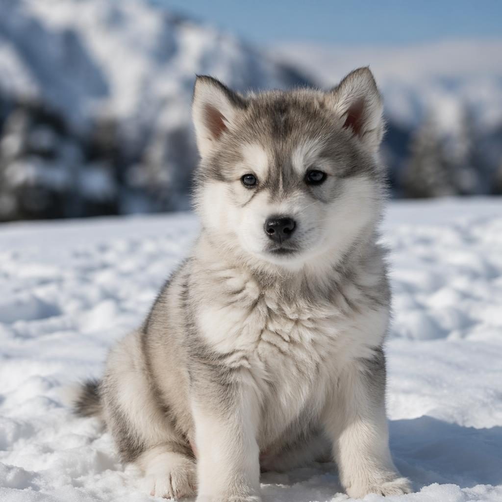 Fotorealistisches Porträt eines einzelnen Husky-Chow-Chow-Mix-Welpen in verschneiter Landschaft mit weichem Licht