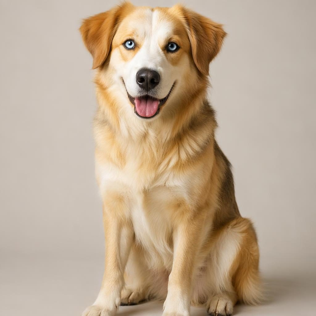 Portrait éditorial d’un chien croisé adulte, expression amicale, fond neutre doux, pelage rare, lumière naturelle.