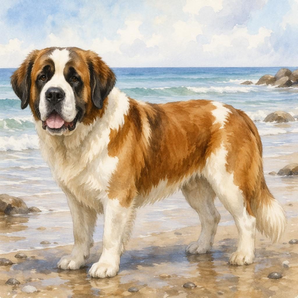Watercolor-style portrait of a single friendly mixed-breed dog on a beach with a rare coat, relaxed pose, and soft light.