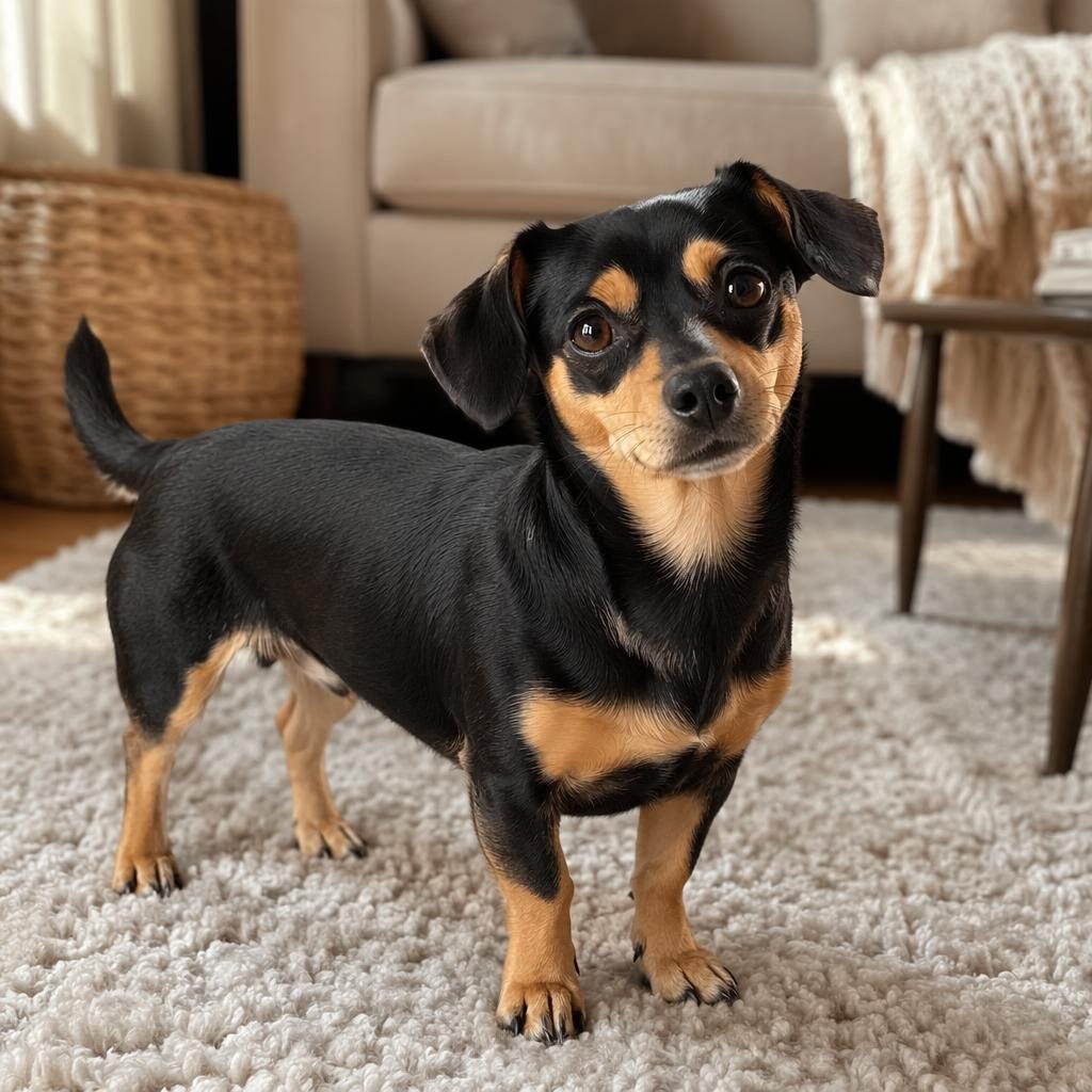 Photo-real illustrated mixed breed dog relaxing in a cozy living room with soft light, fluffy coat, and friendly expression