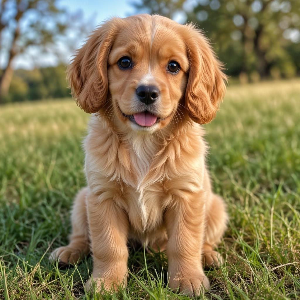 Fotorealistische puppy in grasveld, mix van Golden Retriever en Cavalier King Charles Spaniel, met zachte oren