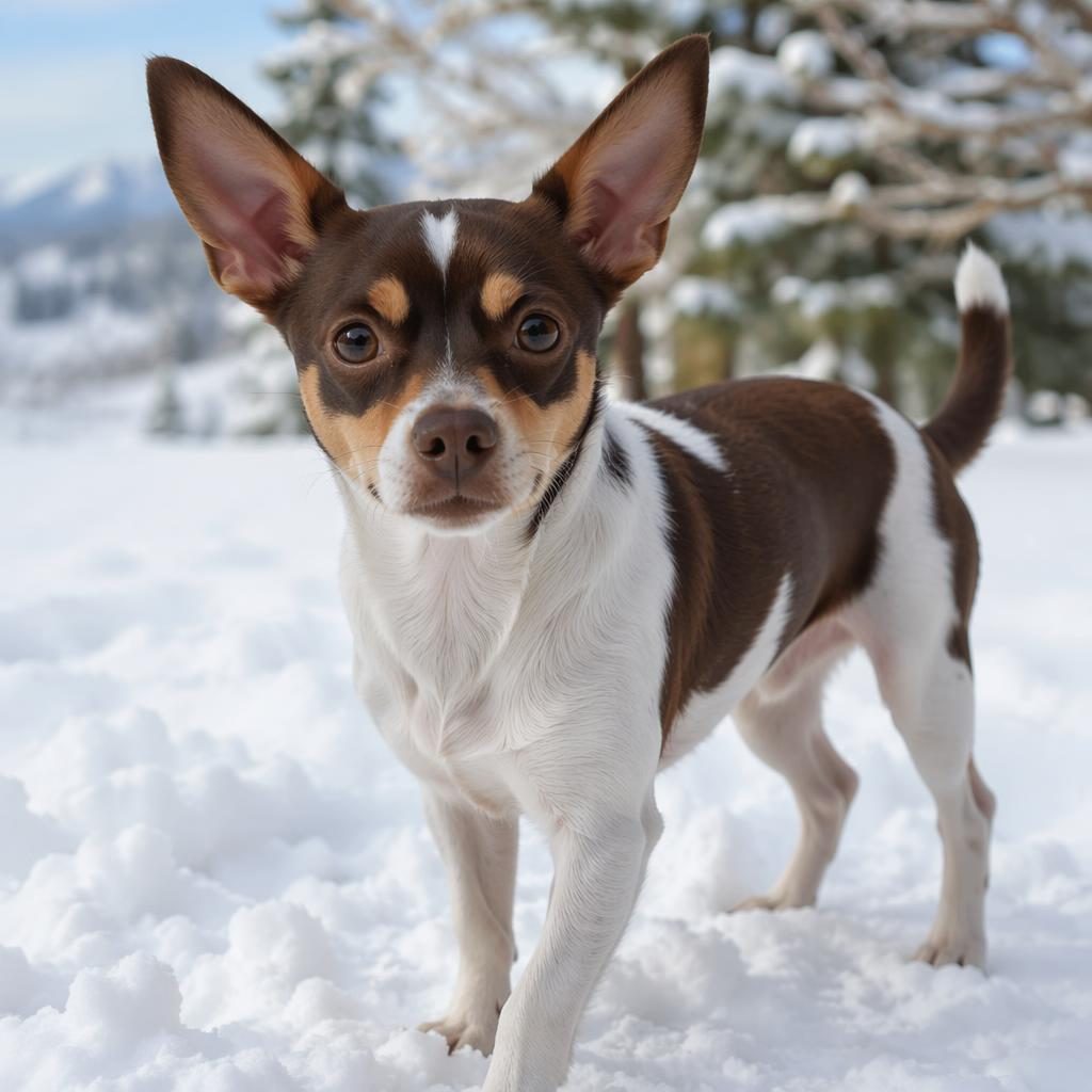 Illustrated rat chihuahua puppy standing alone in a snowy landscape with soft natural light and realistic fur.