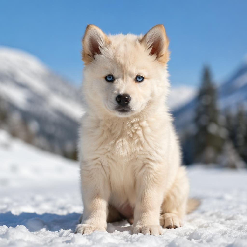 Portrait éditorial d’un chiot croisé samoyède labrador dans un paysage enneigé, pelage clair, expression douce.