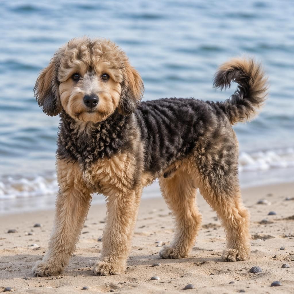 Ein einzelner realistischer Hunde-Mix am Strand mit weicher Naturbeleuchtung, gepflegtem Fell und freundlichem Blick.