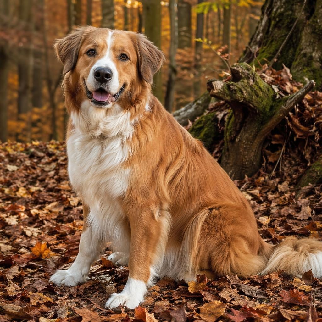 Ein einzelner älterer Mischlingshund im Herbstwald, freundlich entspannt, mit weichem Licht und fotorealistischem Fell.