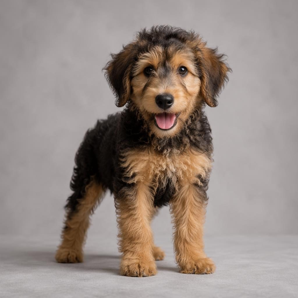 Studio portrait of a German shepherd poodle mix puppy on a soft neutral background with fluffy coat and relaxed expression