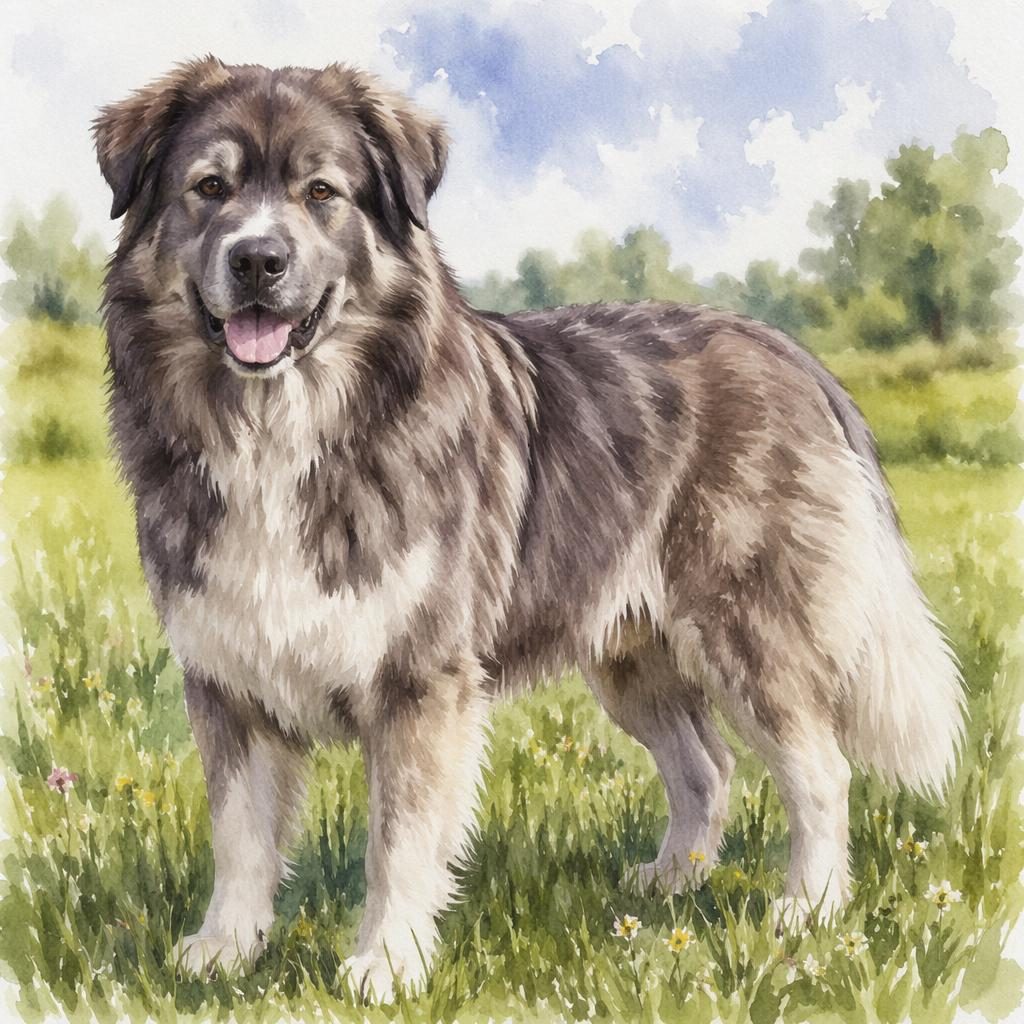 Ein einzelner junger Mischlingshund im Aquarellstil auf einer grünen Wiese, freundlich, gepflegt und fotorealistisch