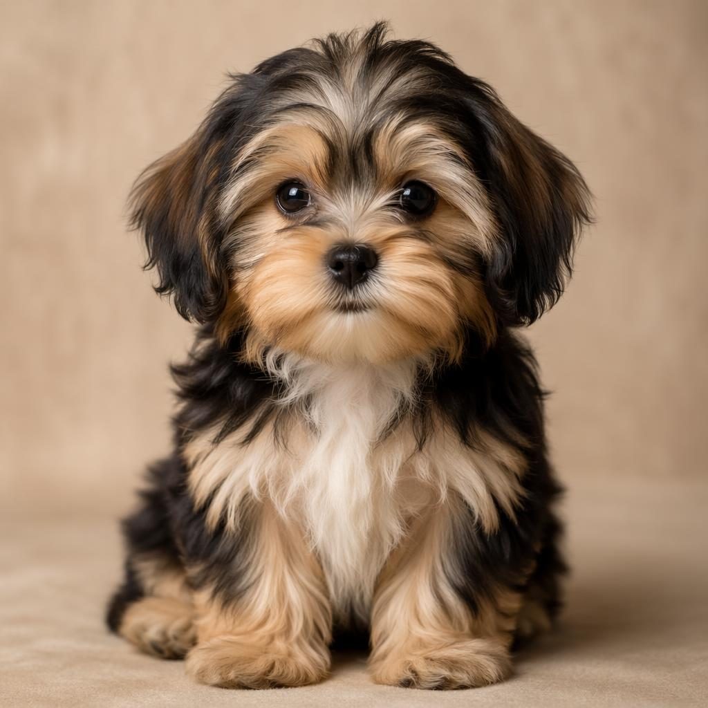 Cachorro mestizo tipo cruce shih tzu y yorkshire en foto de estudio, fondo neutro y luz natural suave