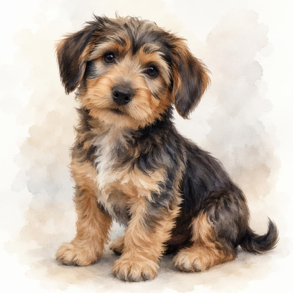 Watercolor-style portrait of a relaxed doxiepoo puppy on a soft neutral background with realistic fur detail.