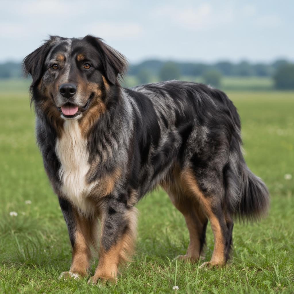 Ein einzelner senioriger Mixhund im Studio-Look auf grüner Wiese, freundlich, gepflegt und fotorealistisch dargestellt.