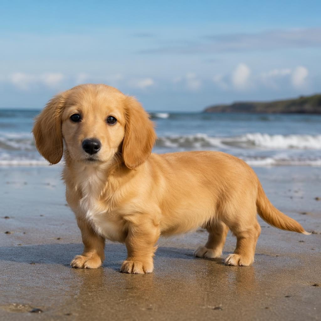 Ein einzelner fotorealistischer Welpe als Hundemischling am Strand mit freundlichem Blick, weichem Licht und detailreichem Fell.
