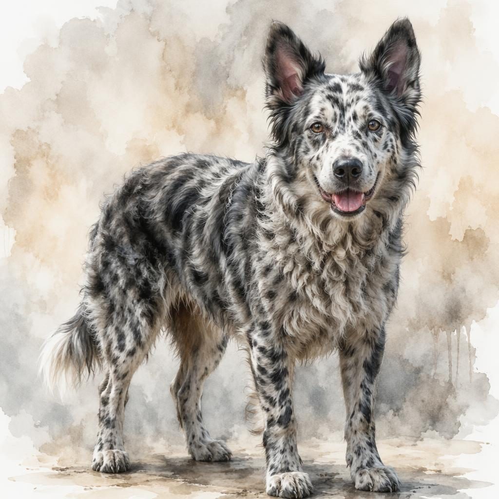Ein einzelner entspannter Mischlingshund im Aquarellstil vor neutralem Hintergrund, mit realistischer Fellstruktur und weichem Licht.