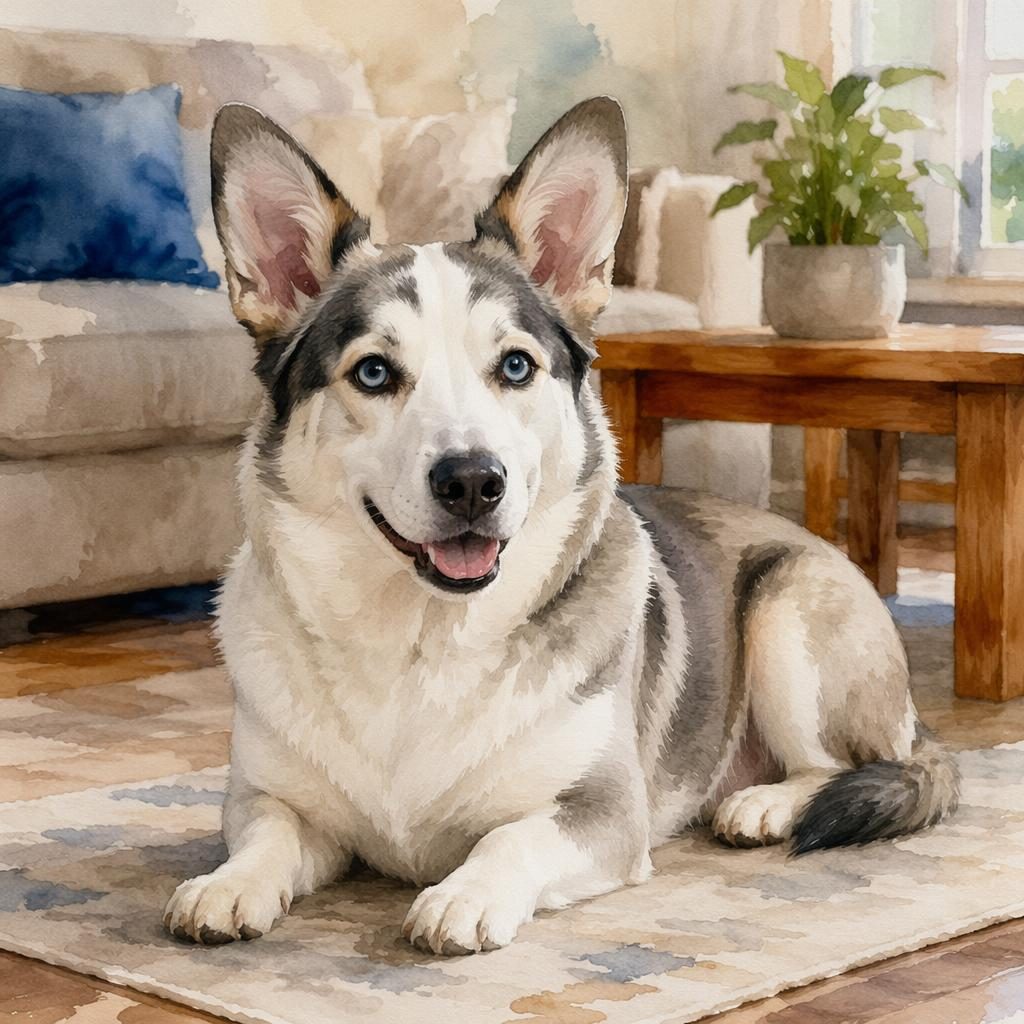 Aquarell eines einzelnen senior Corgi-Husky-Mischlings im gemütlichen Wohnzimmer, entspannt, gepflegt, mit weichem Licht