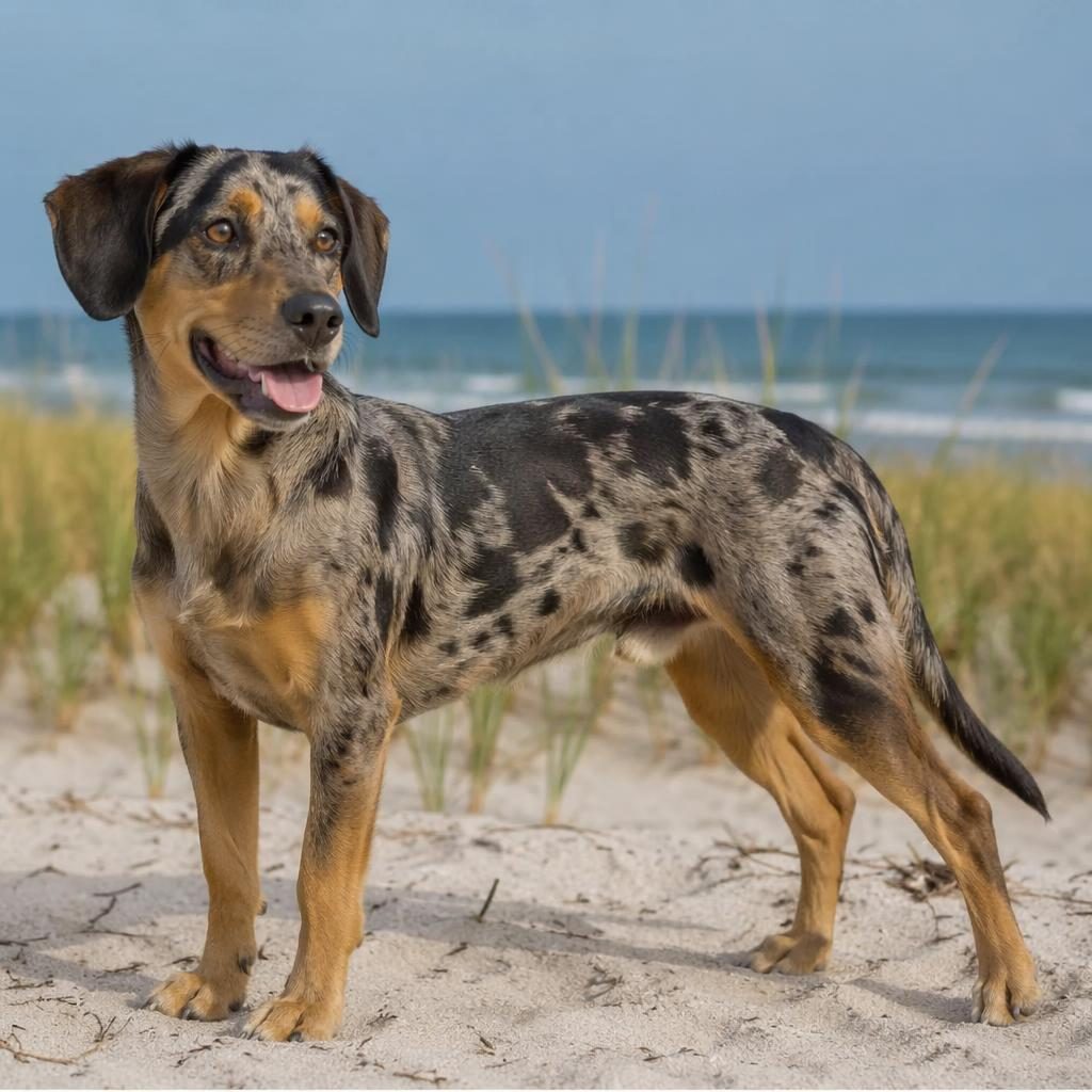 Photo-real illustration of a single adult jackshund-style dog on a beach with a rare unusual coat and relaxed expression.