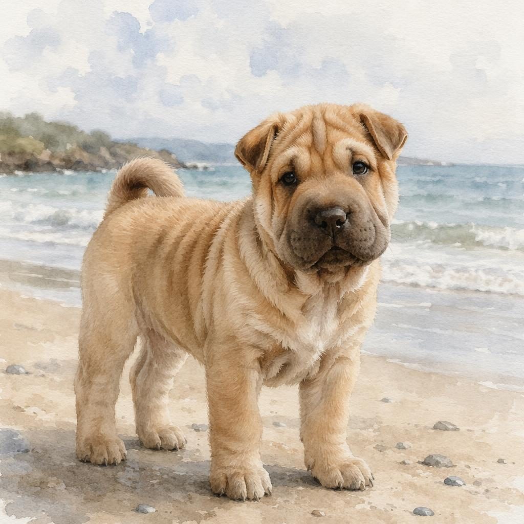 Ein einzelner freundlicher Welpe als Shar Pei Mischling im Aquarellstil steht entspannt am Strand bei weichem Licht.