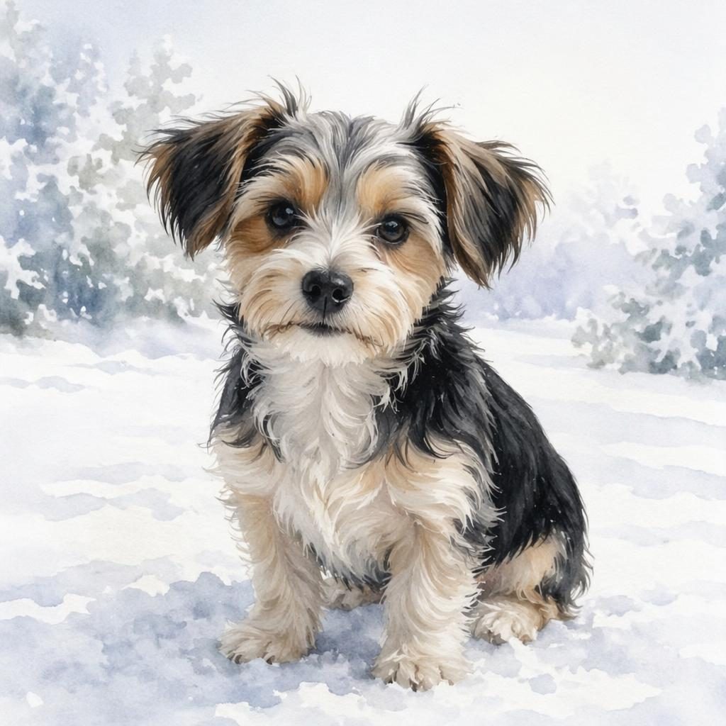 Chiot croisé de type grand danois et chihuahua, rendu aquarelle réaliste, seul dans un paysage enneigé.