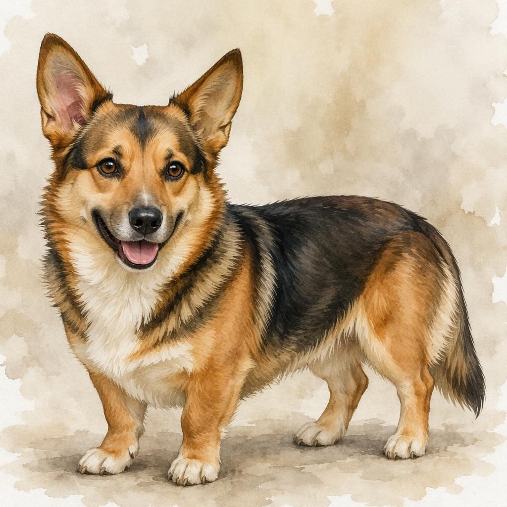 Watercolor-style single mixed-breed dog with corgi shepherd traits, relaxed pose, neutral background, soft natural light