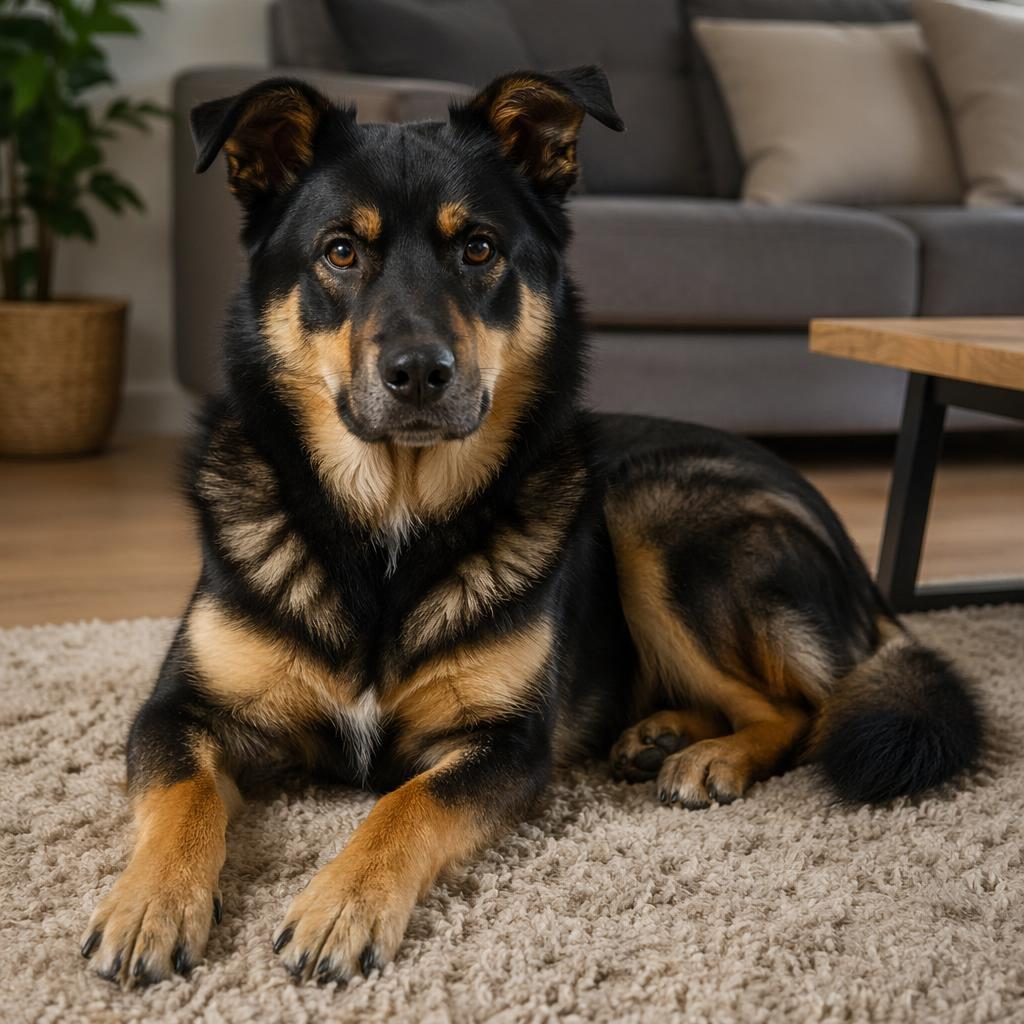 Fotorealistická ilustrace jednoho psa, kříženec pomeraniana a huskyho, v útulném obýváku se soft světlem