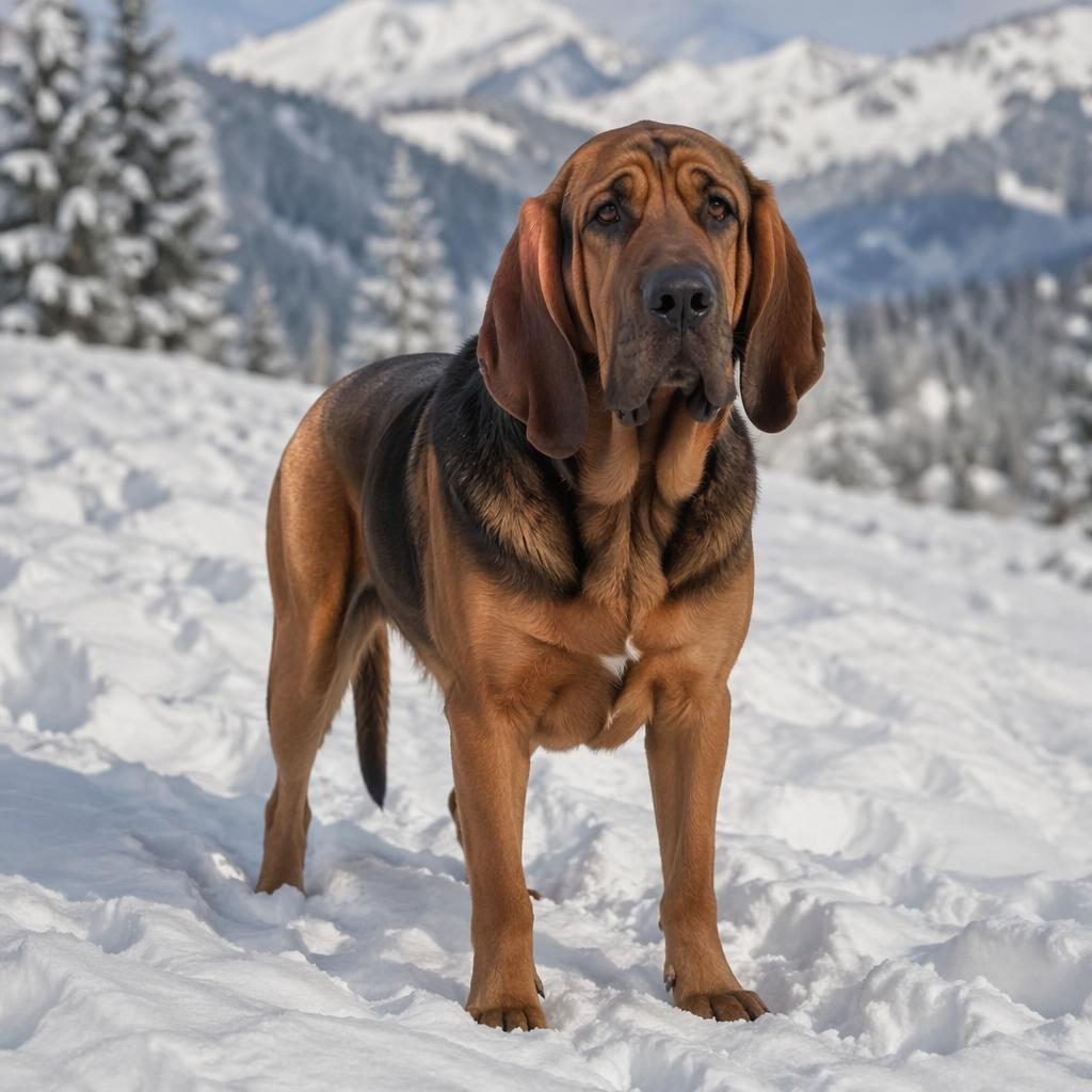Photo-real illustration of a friendly adult bloodhound crossbred dog standing alone in a snowy landscape