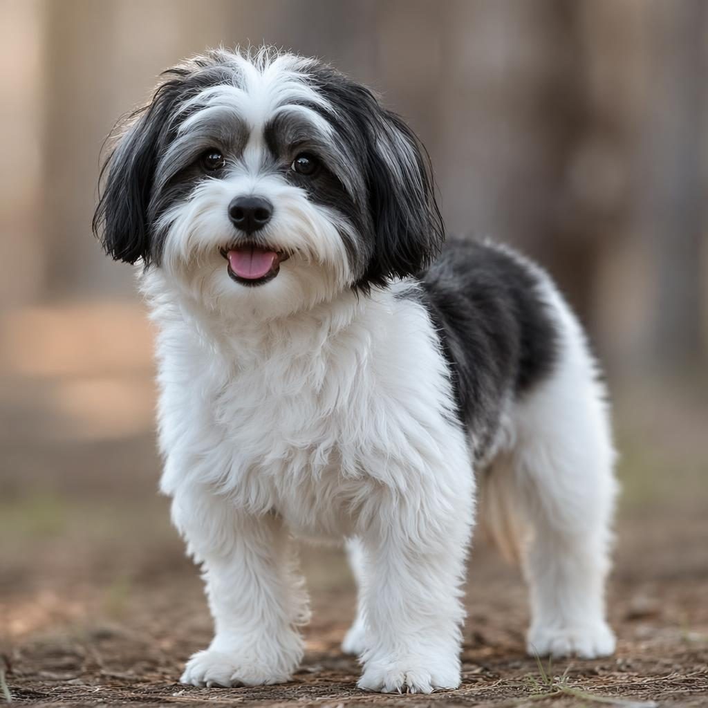 Photoreal havanese mix puppy outdoors with a soft neutral background, relaxed expression, detailed fur and sharp focus