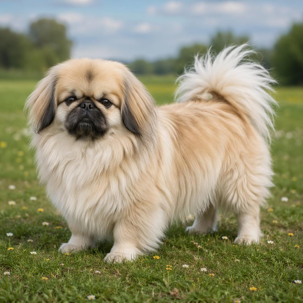 Ein einzelner junger Hund als Pekinese Mischling in realistischer Illustration auf einer grünen Wiese, entspannt und gepflegt.