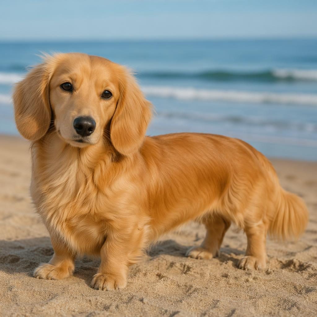 Ein einzelner, entspannter Welpe als golden retriever dackel mix am Strand bei weichem Naturlicht.
