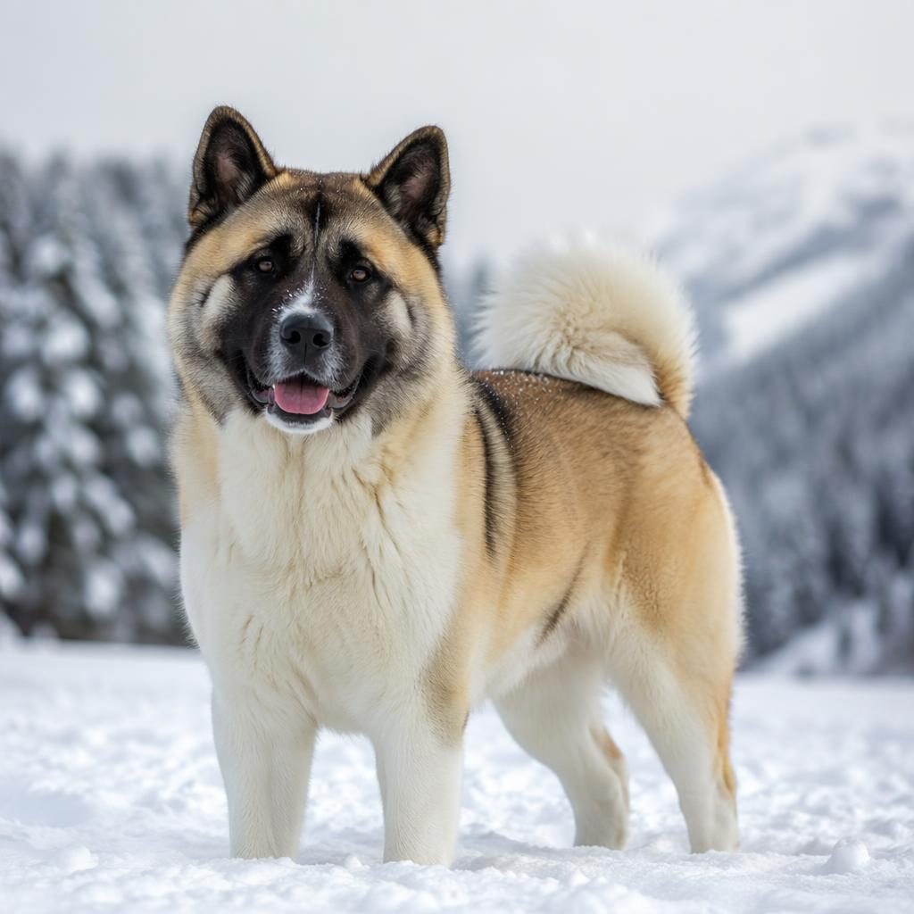 Editorial portrait of a single akita mix dog standing in a snowy landscape with unusual coat, relaxed expression, and soft light.