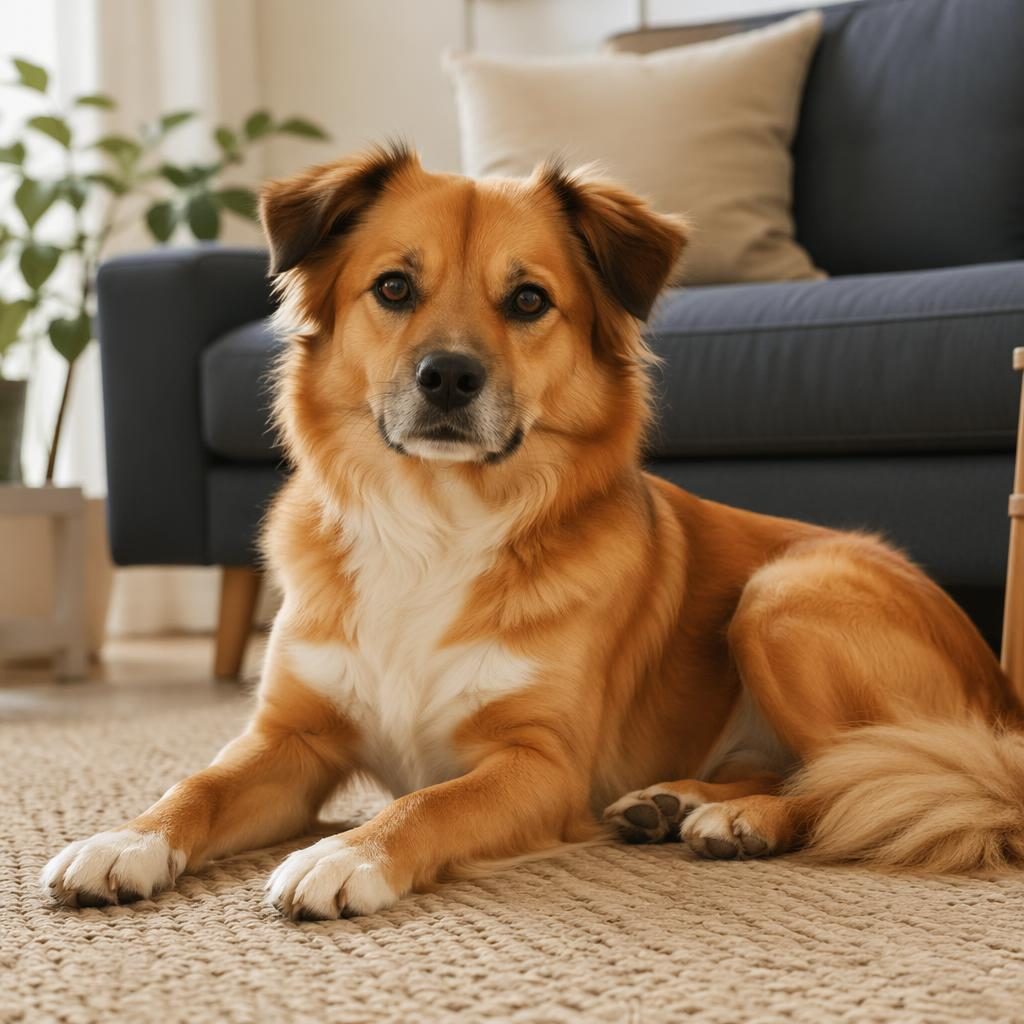 Ein einzelner, entspannter Mischlingshund im gemütlichen Wohnzimmer, weich beleuchtet, mit gepflegtem Fell und klarem Fokus.