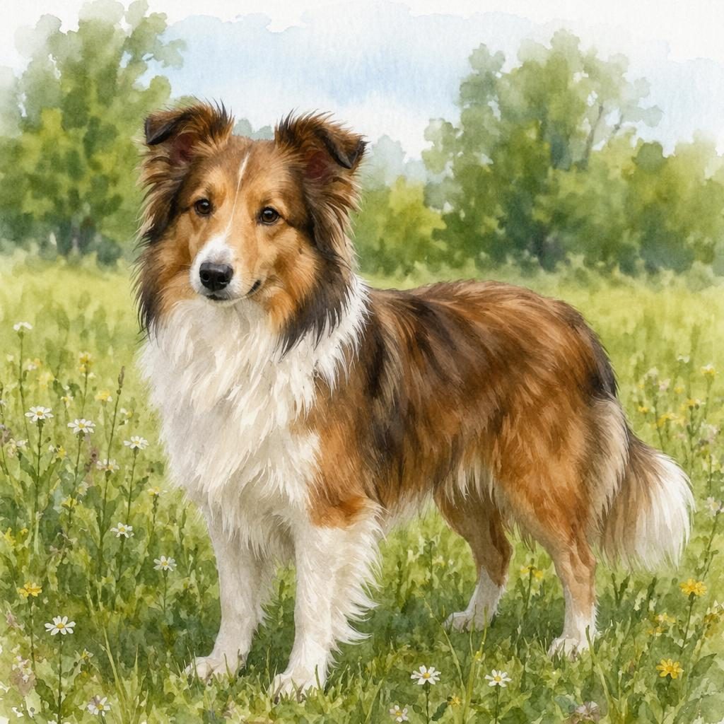 Watercolor-style single young adult sheltie mix dog standing in a grass meadow with soft light and realistic fur