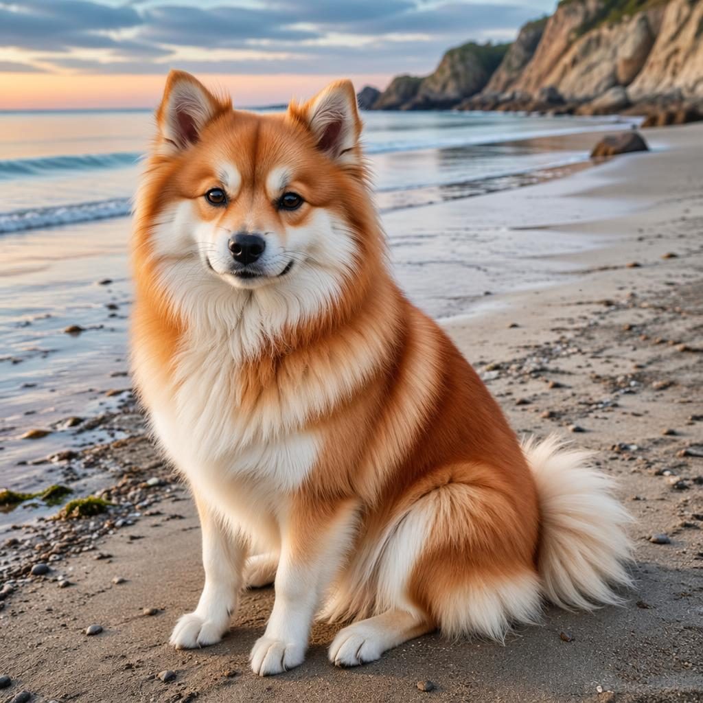 Illustration photoréaliste d’un pomsky renard adulte seul sur la plage, pelage rare, expression calme et amicale.