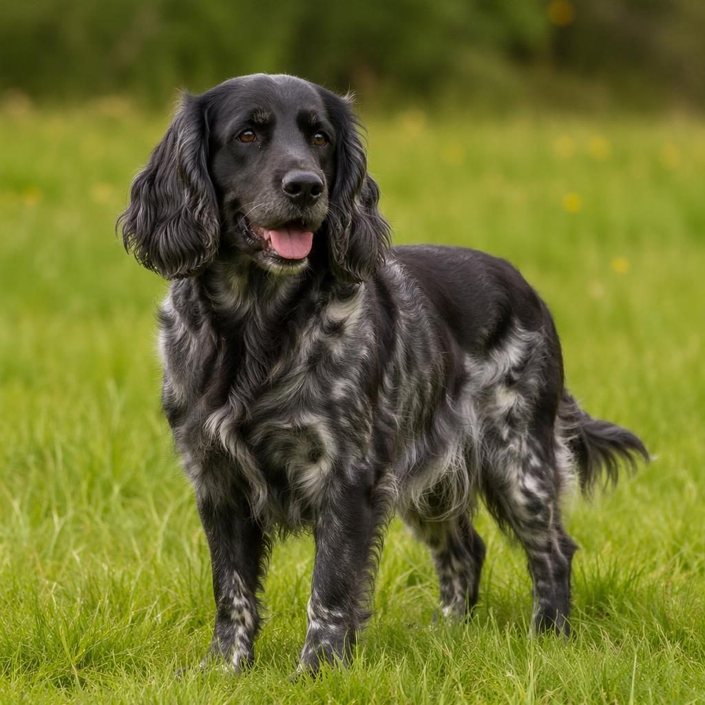 Perro mestizo senior tipo cruce de teckel en pradera de hierba, pelaje cuidado, expresión relajada y luz natural suave.