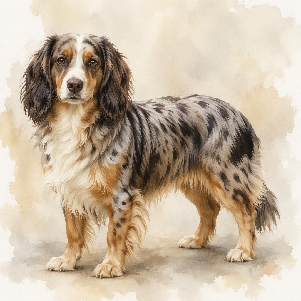 Ein einzelner freundlicher cocker spaniel mischling im Aquarellstil vor weichem neutralem Hintergrund.